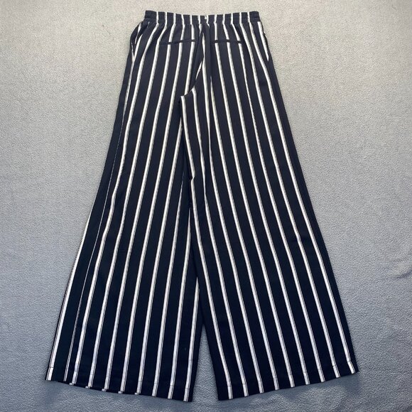 Forever 21 Flare Pants M Black Striped Wide Leg Stretch Mid Rise Dress Pant Work - Picture 2 of 13